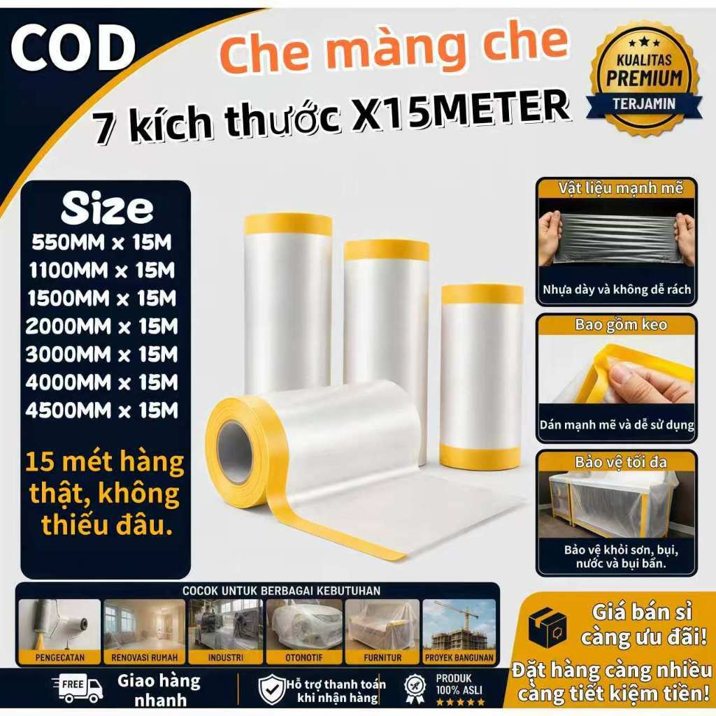 Màng nilon chống bụi 15m thật – Băng keo che sơn ô tô, xe máy, nội thất gỗ, chống dính sơn