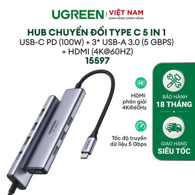[Shopee Sinh Viên] Hub Type C Ugreen 5 in 1 | Vỏ nhôm | Truyền tải nhanh | BH 18 tháng 1 đổi 1 | 15596 15597 35998