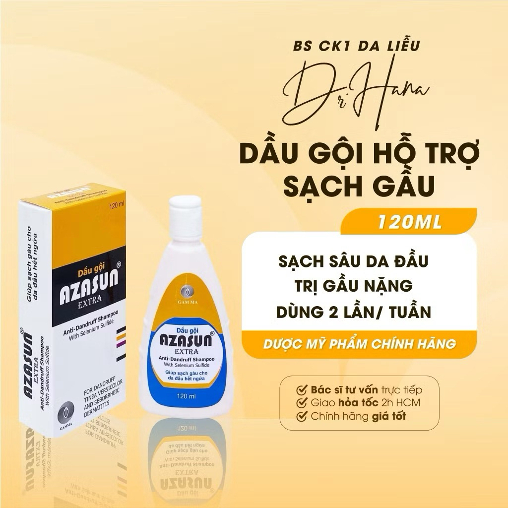 Dầu gội Gamma Azasun Extra 2.5% ngừa gàu sạch da đầu dưỡng tóc khỏe mạnh chai 120ml| Bs Việt Hà Da L