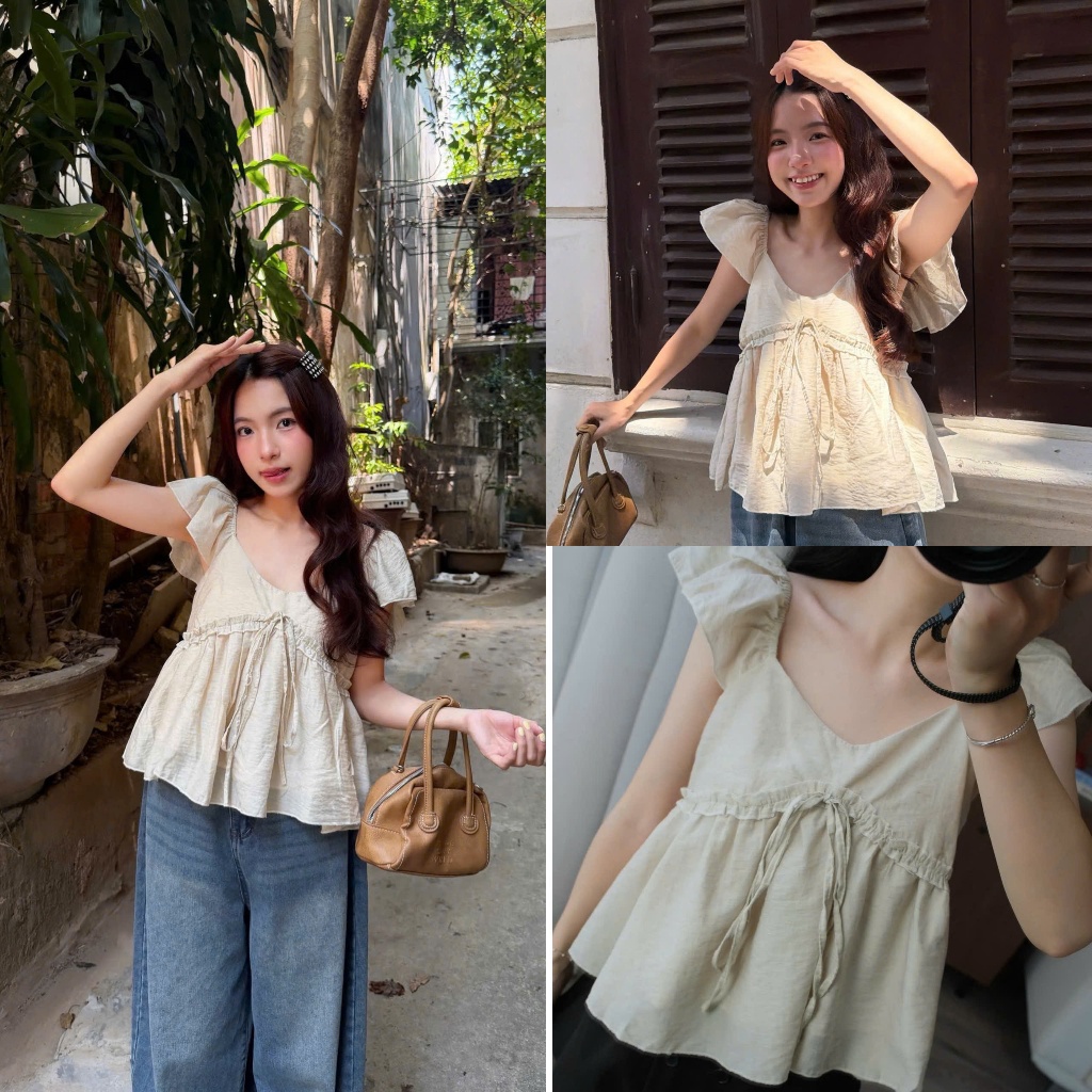 Mori Top (TSW) Áo đũi babydoll nơ ngực tay bèo Nữ the.sweaterweather