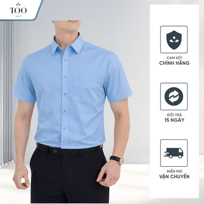 Áo Sơ Mi Nam Màu Xanh Ngắn Tay Không Nhăn Vạt Bằng Có Túi Lịch Sự TQQ M102CB