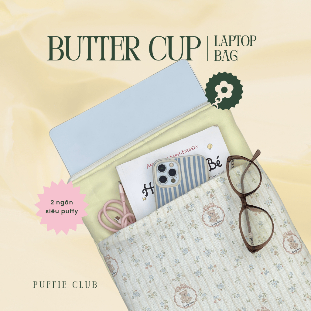 Túi Đựng Laptop Puffie Club | Butter Cup | Túi Chống Sốc Laptop 2 Ngăn 13-14-15.6 Inch Hoa Nhí Vinta