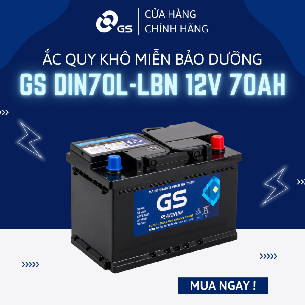Bình ắc quy 12V 70Ah GS MF DIN70L-LBN - Ắc quy GS khô miễn bảo dưỡng