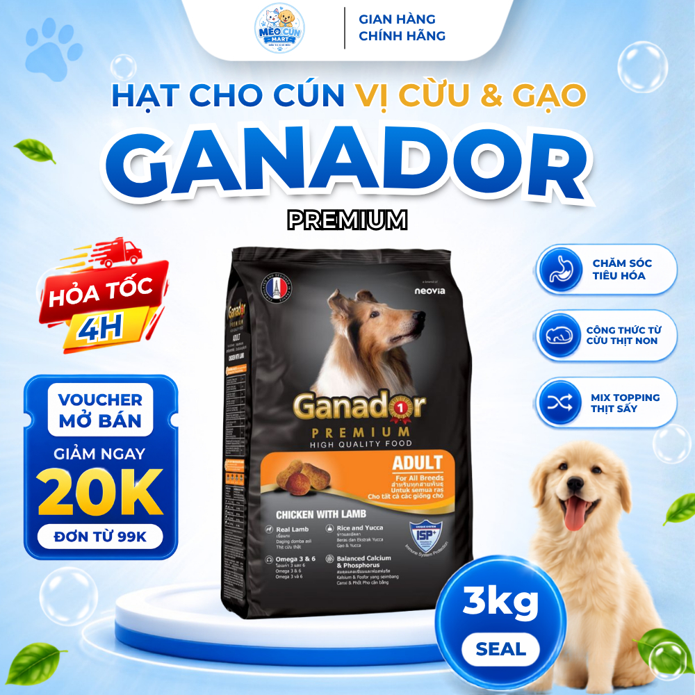 [COMBO 3 GÓI 3KG] Hạt Ganador Premium Cho Chó Trưởng Thành Vị Cừu Gạo Gói 3Kg Phát Triển Xương Cơ