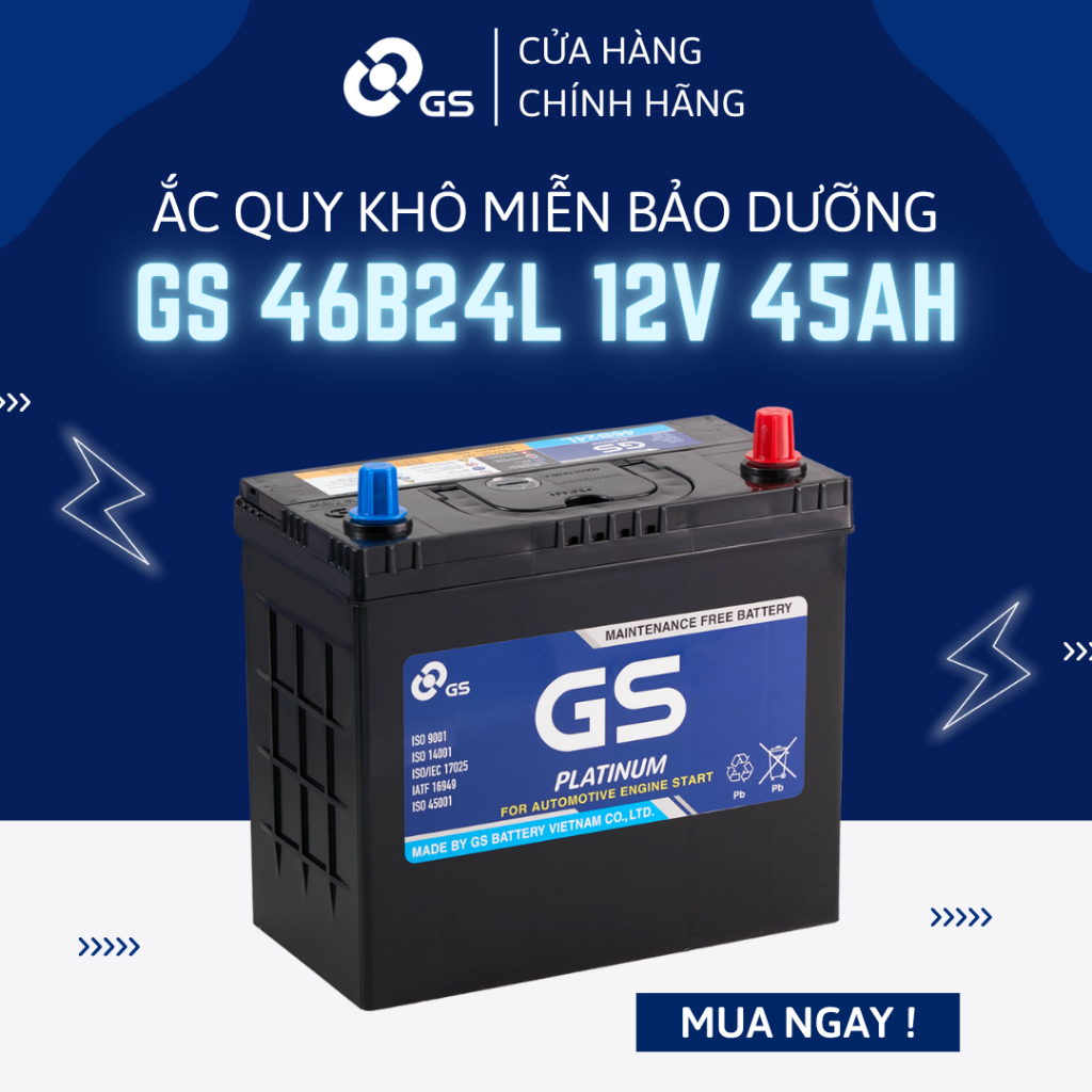Bình ắc quy 12V 45Ah GS MF 46B24L - Ắc quy GS khô miễn bảo dưỡng