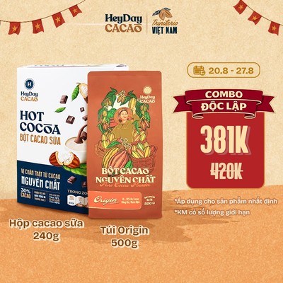 Combo ĐỘC LẬP - Combo Cacao nguyên chất 500g x Hộp Cacao Sữa 12 gói 20g - Heyday Cacao