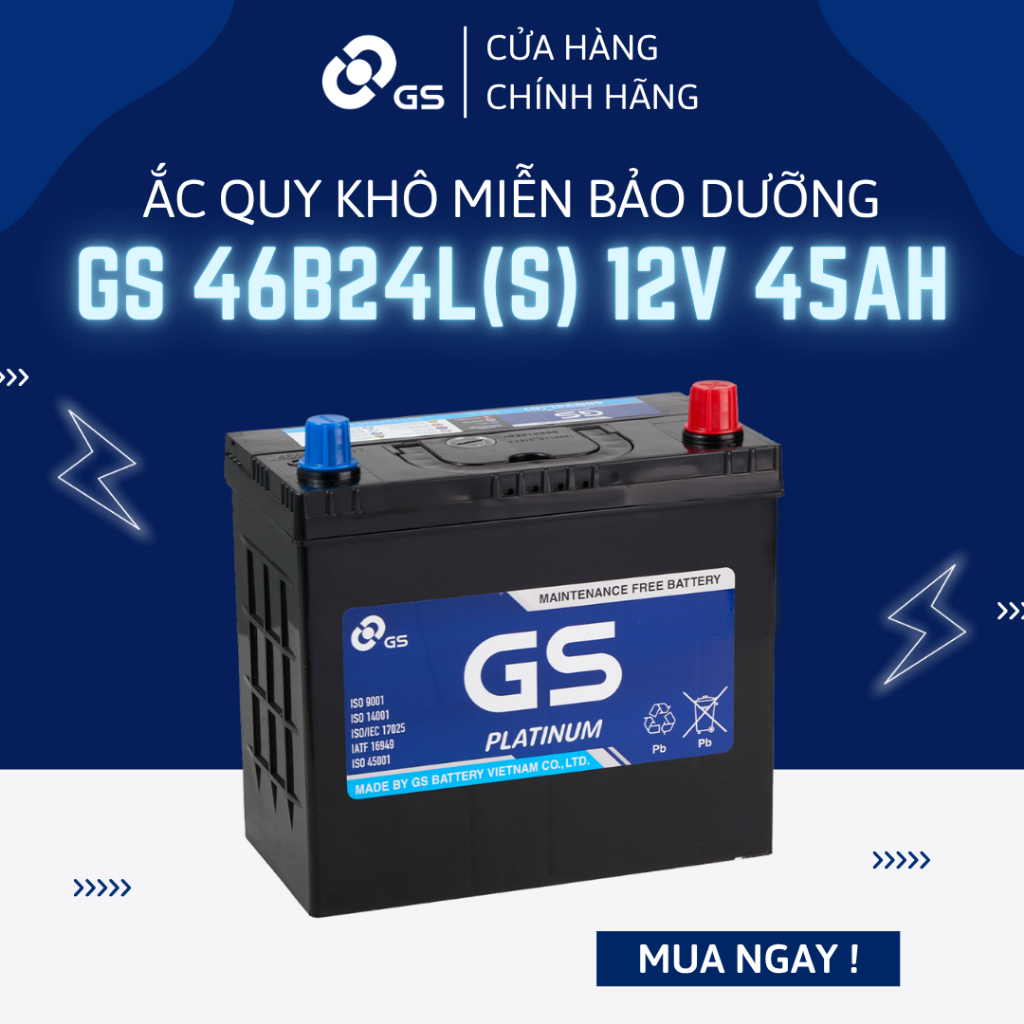 Bình ắc quy 12V 45Ah GS MF 46B24L(S) - Ắc quy GS khô miễn bảo dưỡng