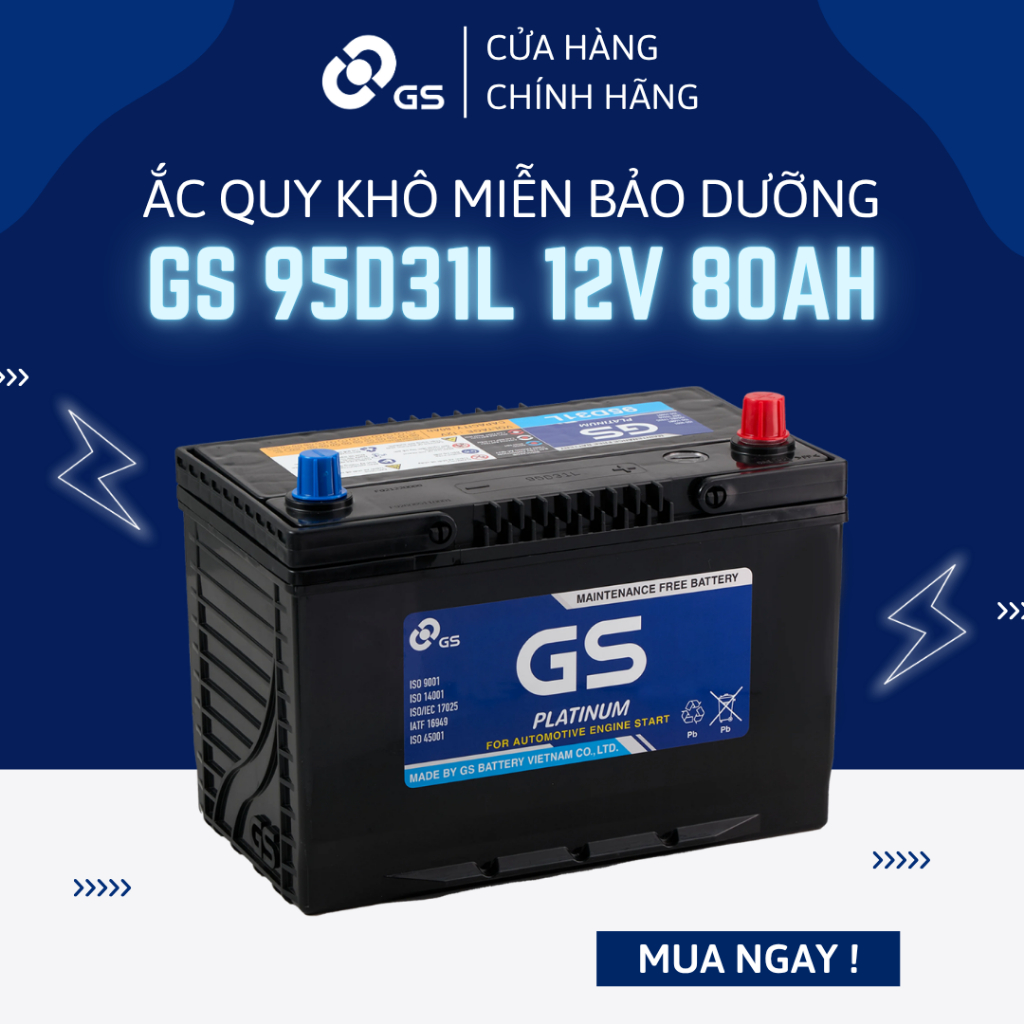 Bình ắc quy 12V 80Ah GS MF 95D31L - Ắc quy GS khô miễn bảo dưỡng