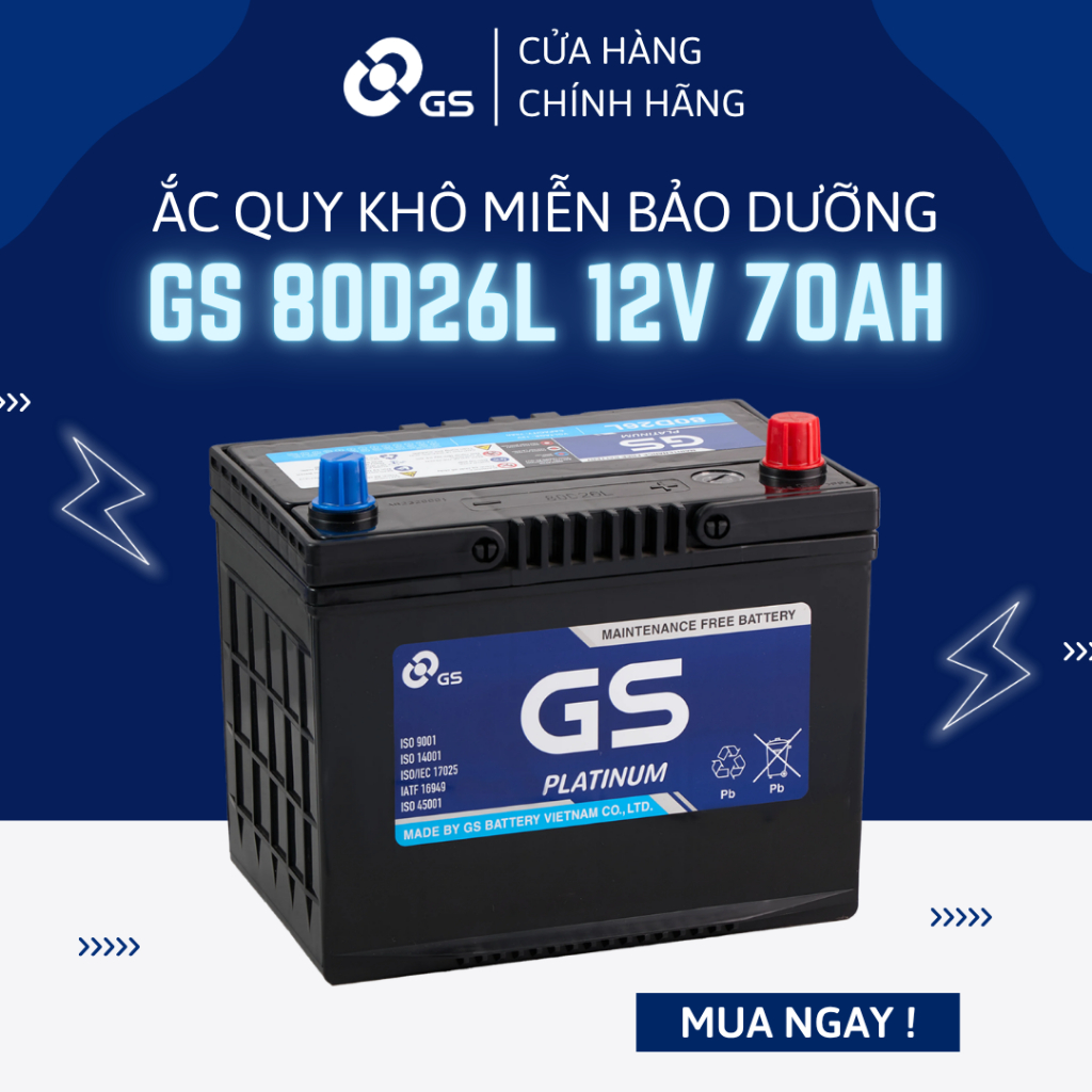 Bình ắc quy 12V 70Ah GS MF 80D26L - Ắc quy GS khô miễn bảo dưỡng