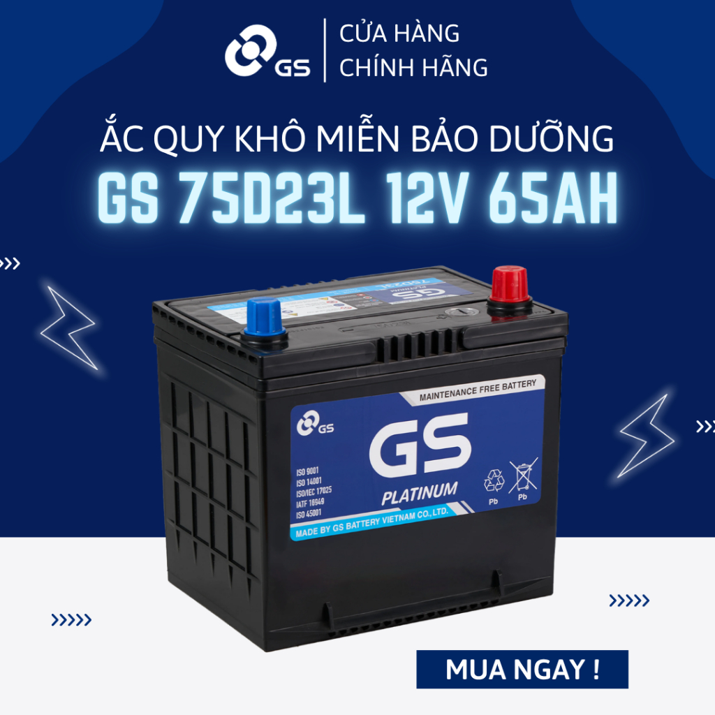Bình ắc quy 12V 65Ah GS MF 75D23L - Ắc quy GS khô miễn bảo dưỡng