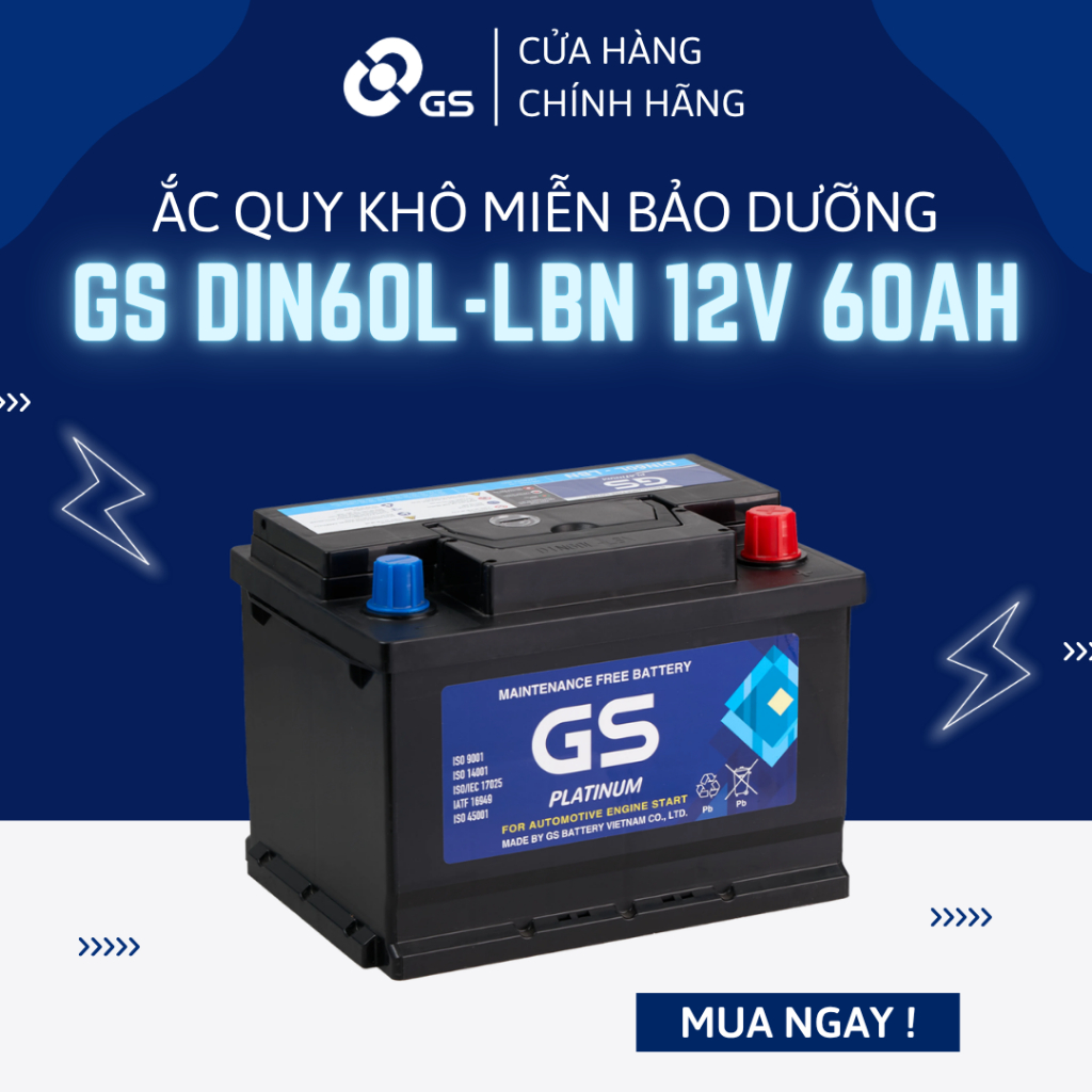 Bình ắc quy 12V 60Ah GS MF DIN60L-LBN - Ắc quy GS khô miễn bảo dưỡng