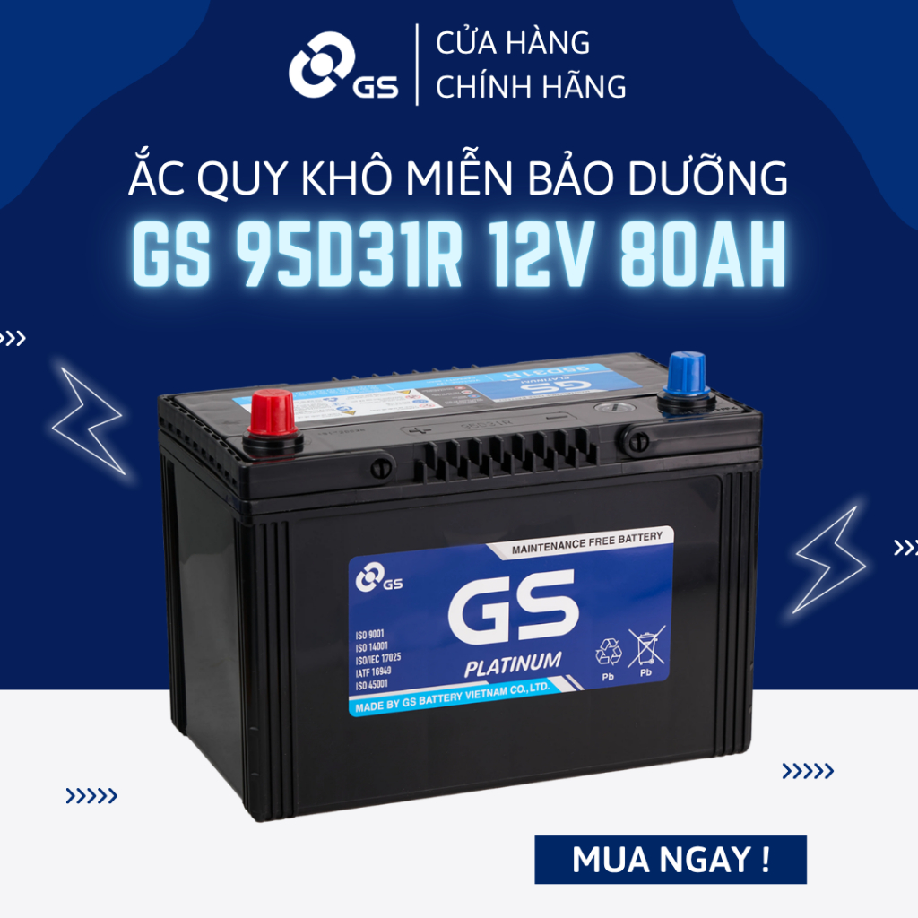 Bình ắc quy 12V 80Ah GS MF 95D31R - Ắc quy GS khô miễn bảo dưỡng