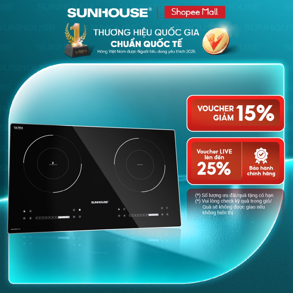 Bếp đôi điện từ hồng ngoại Sunhouse SHB81011-EC - Booster nấu nhanh - Bảo hành 3 năm
