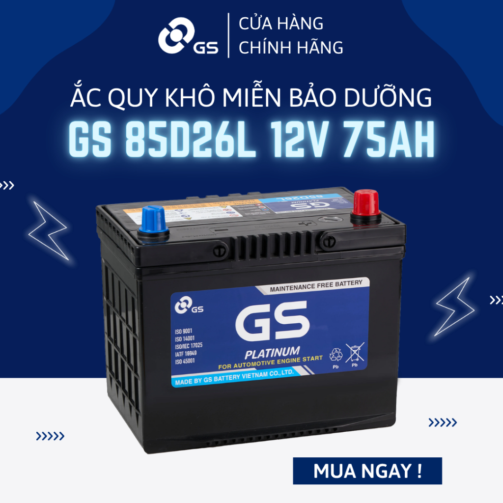 Bình ắc quy 12V 75Ah GS MF 85D26L - Ắc quy GS khô miễn bảo dưỡng