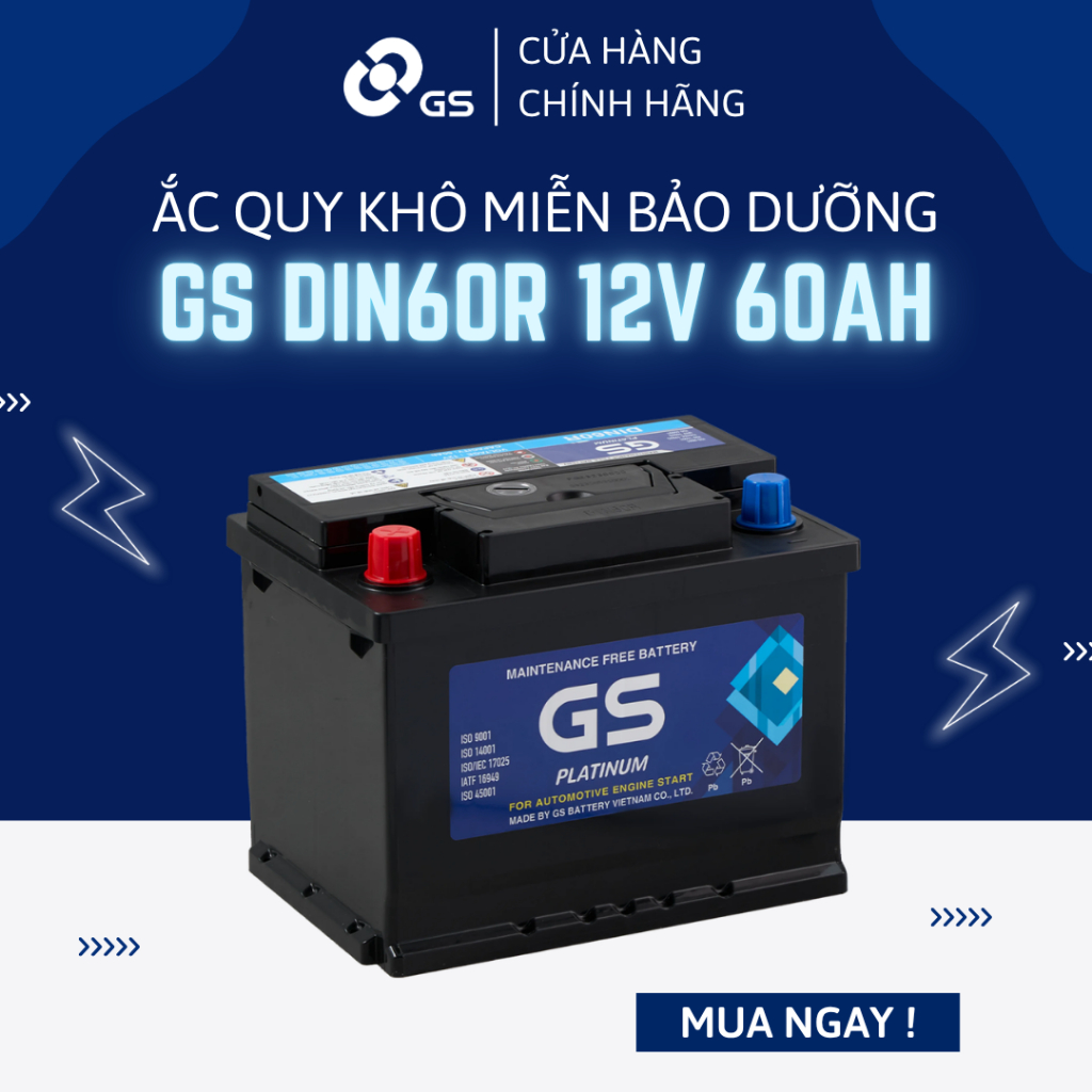 Bình ắc quy 12V 60Ah GS MF DIN60R - Ắc quy GS khô miễn bảo dưỡng