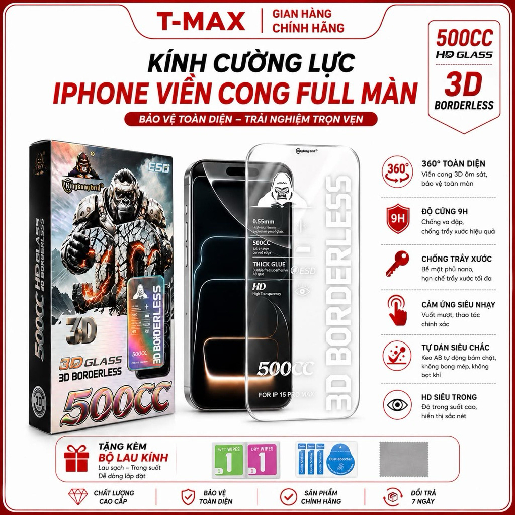 Kính Cường Lực Viền Cong Trong Suốt Full Màn Hình Cho Iphone 17 Promax 16/15/14/13/12/11 Pro/Plus/Xs/Xr/Pto/Plus