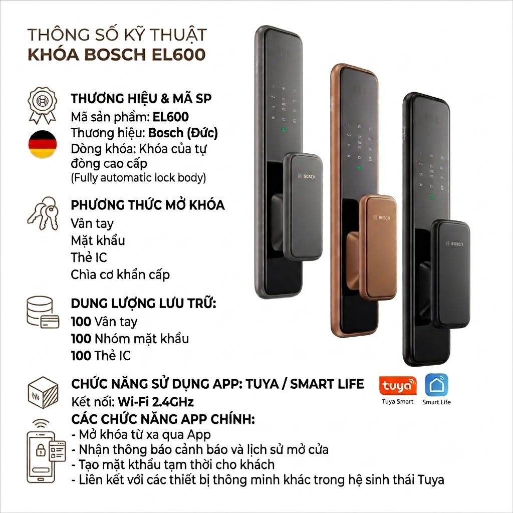 Khóa Cửa Vân Tay Cao Cấp Bosch EL600 Sử Dụng APP TUYA/ SMART LIFE - Khóa Điện Tử Thông Minh Chống Tr