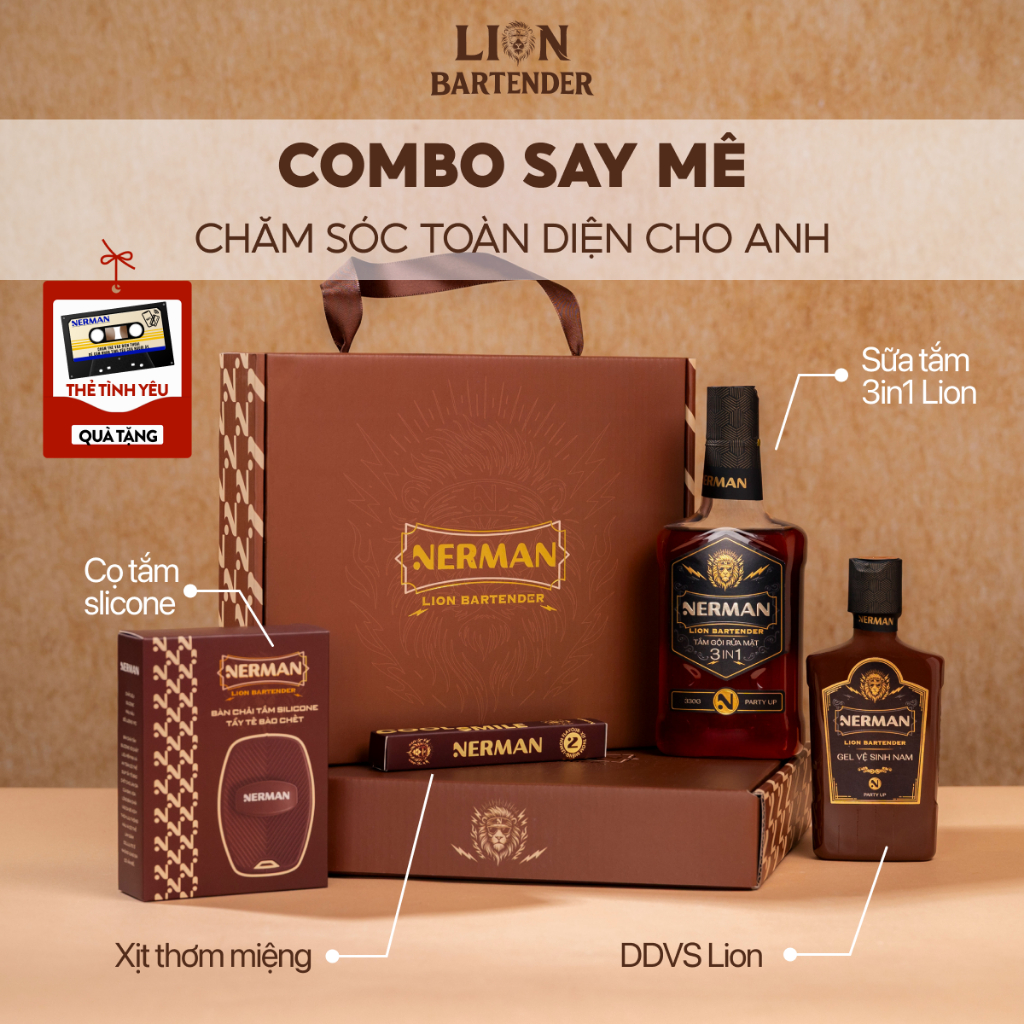 Combo say mê Nerman - Sữa tắm Lion Bartender 330g & DDVS Lion Bartender 100g & Xịt miệng & Cọ tắm