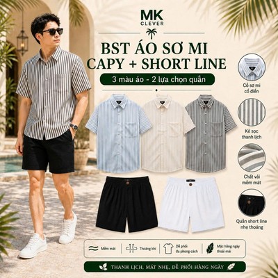 Set Bộ Nam Áo Sơ Mi Kẻ Capy + Quần Short Đũi Line MKCLEVER Form Rộng Thoáng Mát, Set Đồ Nam Trẻ Trung Đi chơi, Dạo phố