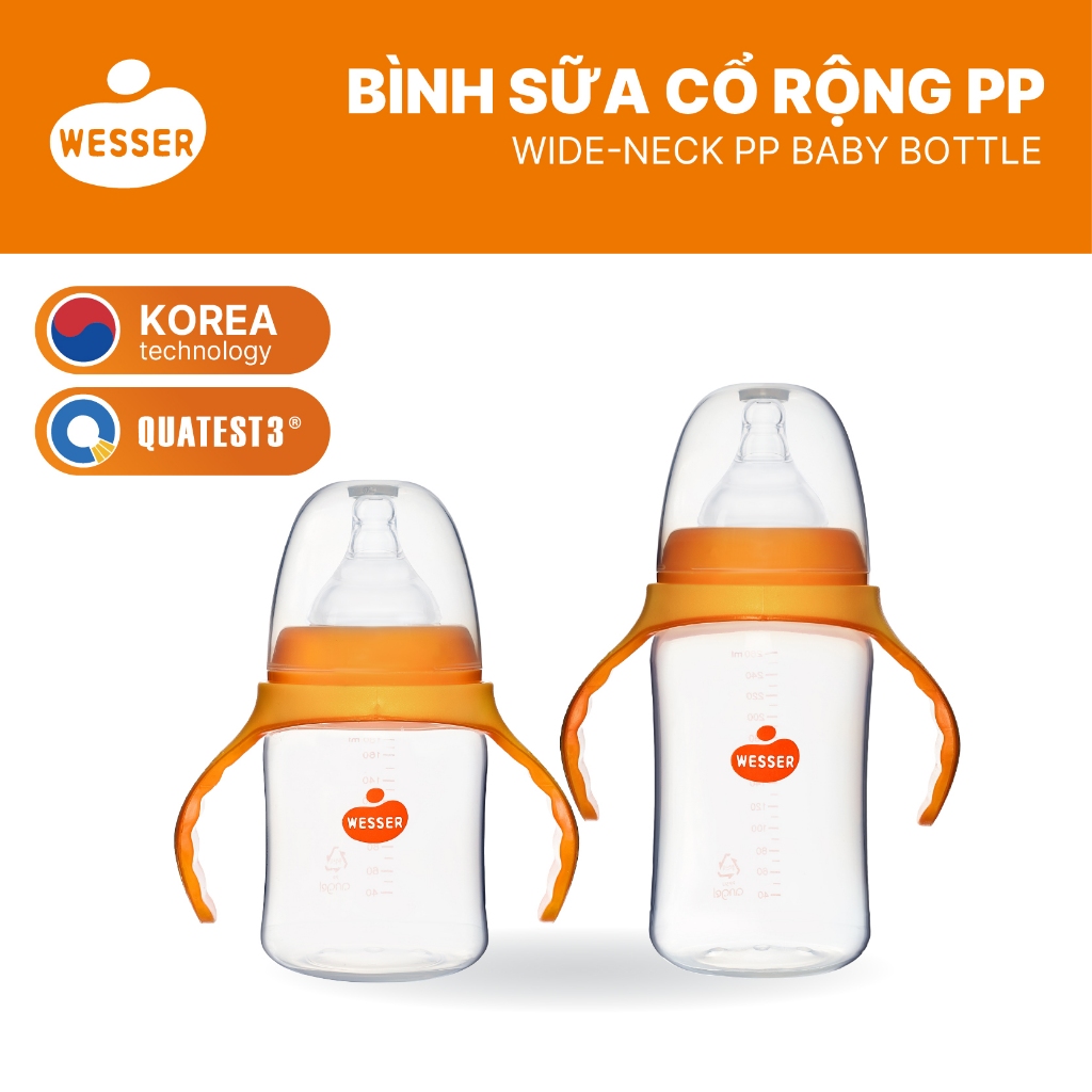 [MỚI] Bình sữa cổ RỘNG PP Wesser 180ml/260ml (PP MÀU TRẮNG)