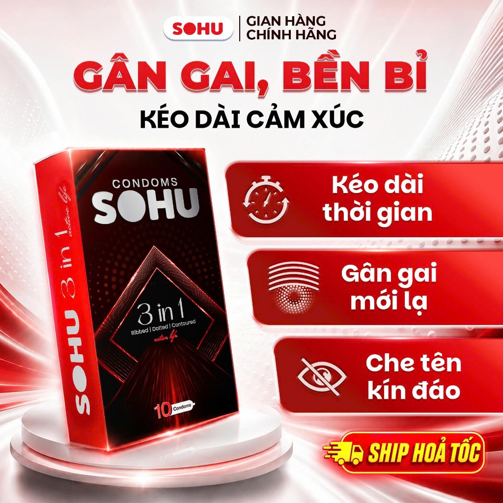 Bao Cao Su SOHU 3in1 - Có Gân, Gai, Siêu Mỏng, Không mùi, Kéo Dài Thời Gian size 52mm