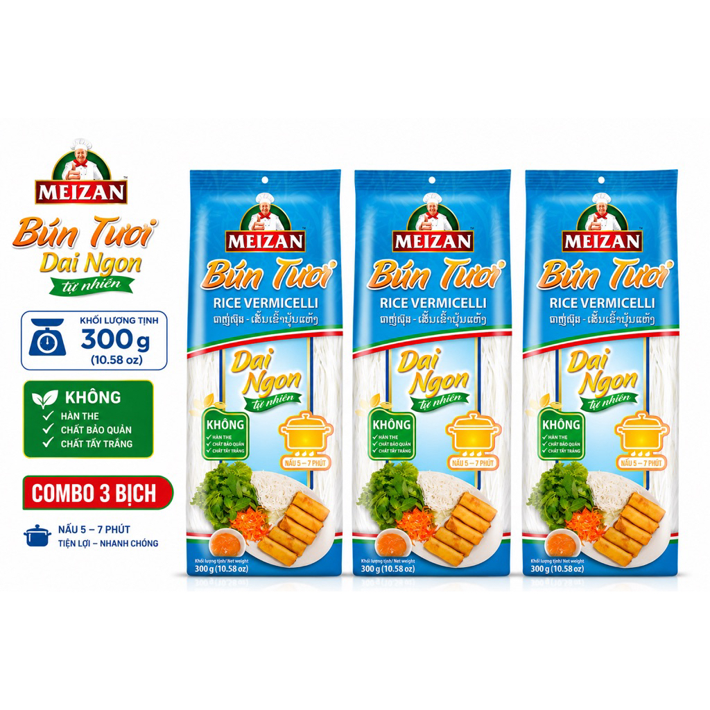 Combo 3 Bịch Bún Tươi Meizan 300g – Bún Gạo Khô Dai Ngon Tự Nhiên, Không Hàn The, Nấu Nhanh