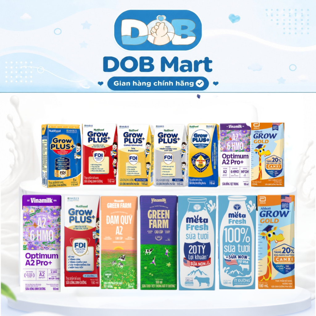 (1 lốc 4 hộp) Sữa pha sẵn Grow plus Đỏ, Bạc, Vinamilk Green Farm, Optimum a2 Pro, Abbott Grow 110ml và 180ml DOB