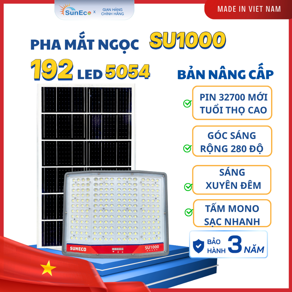 (PIN 32700 MỚI) Đèn Mắt Ngọc Cao Cấp SUNECO SU1000 Chống Chói 192 Led 5054, Tấm Pin Mono, BH 3 Năm