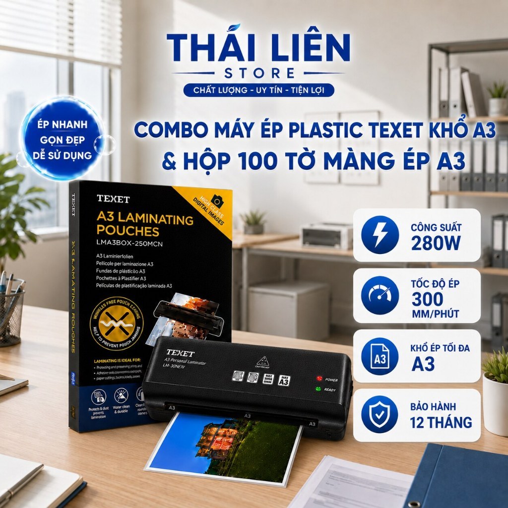 COMBO Máy Ép Plastic Texet Khổ A3 Và Hộp 100 Màng Ép A3 LMA3NEW Khổ A3 Chính Hãng Bảo Hành 12 Tháng
