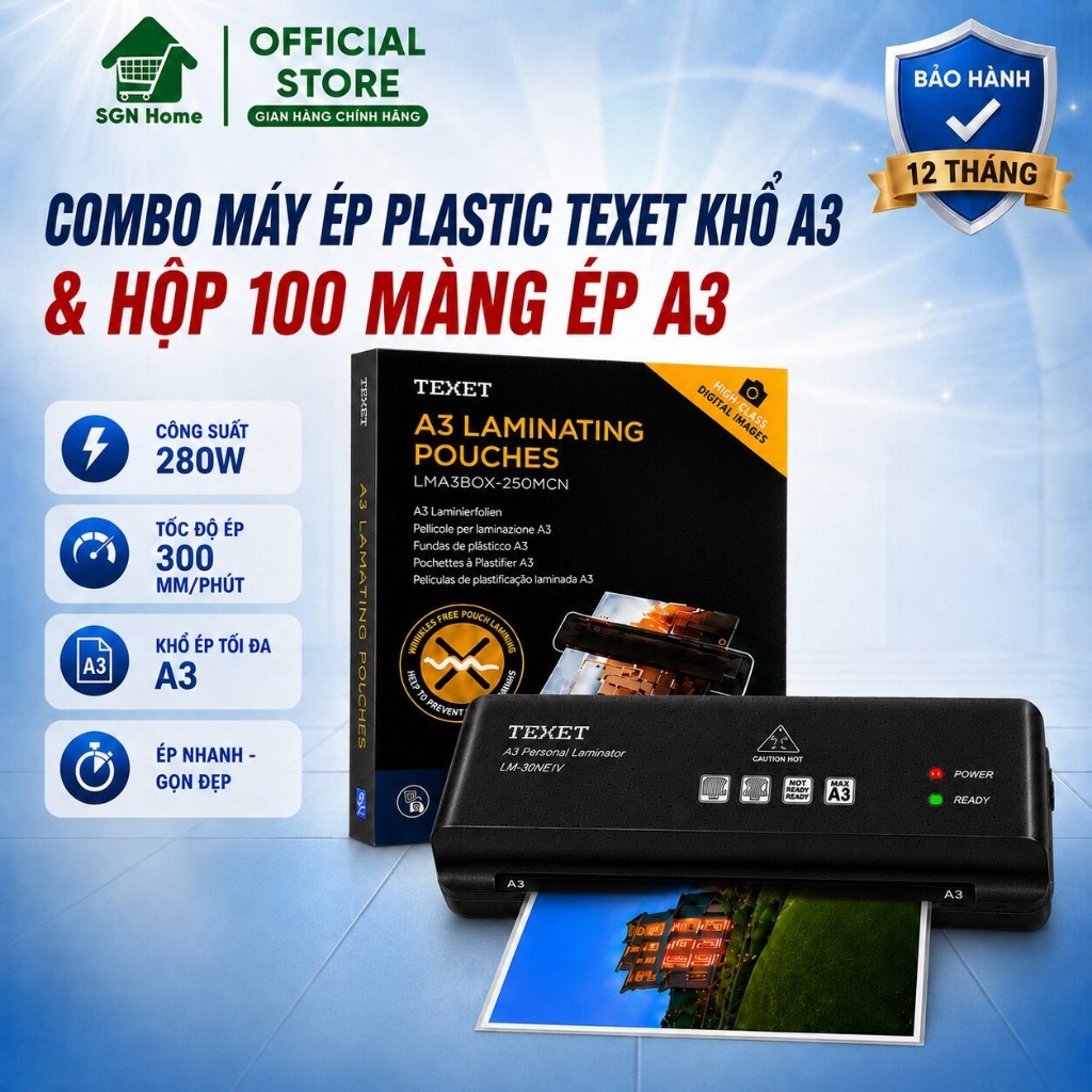 COMBO Máy Ép Plastic Texet Khổ A3 Và Hộp 100 Màng Ép A3 LMA3NEW Khổ A3 Chính Hãng Bảo Hành 12 Tháng