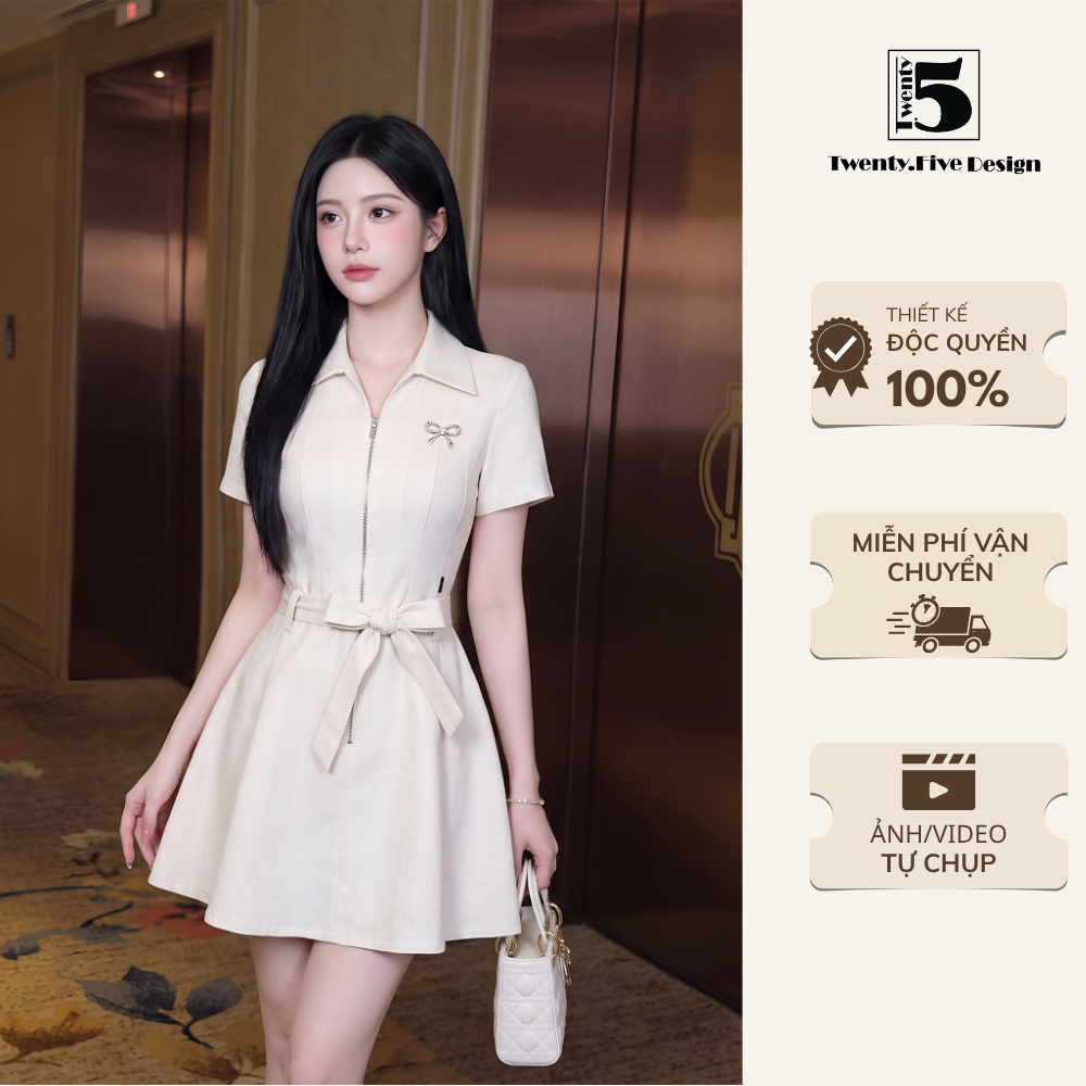 Đầm nữ dáng xòe cổ sơ mi kèm đai phong cách Hàn Quốc thanh lịch - Twentyfive Design DL110