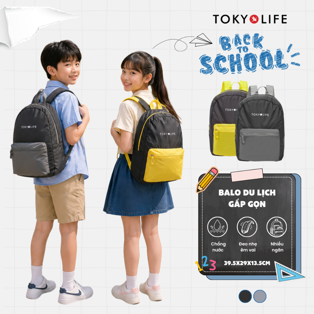 Balo du lịch gấp gọn TOKYOLIFE ba lô cho bé chống nước siêu nhẹ đi chơi 40001539 (31x12x40cm)