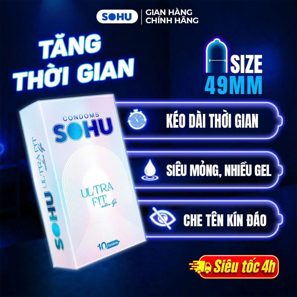 Bao cao su SOHU ULTRA FIT size 49mm mỏng ôm sát, kéo dài thời gian