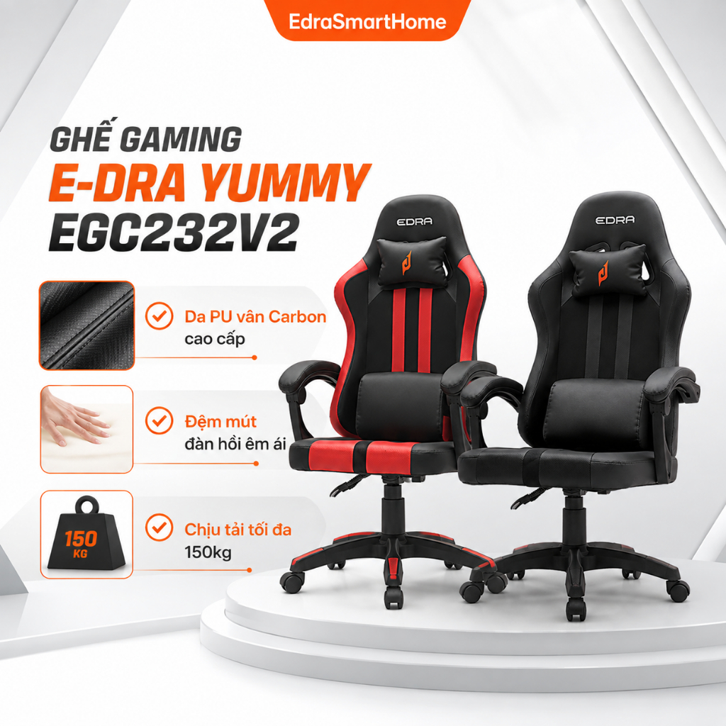 Ghế xoay văn phòng kiểu dáng xe đua Yummy EGC232V2 EDRA, ghế gaming chất liệu da PU vân carbon, chịu