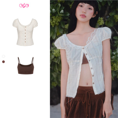 Áo OLV cotton tay phồng vintage Cream Crinkle Cotton Puff Top phù hợp đi học đi chơi