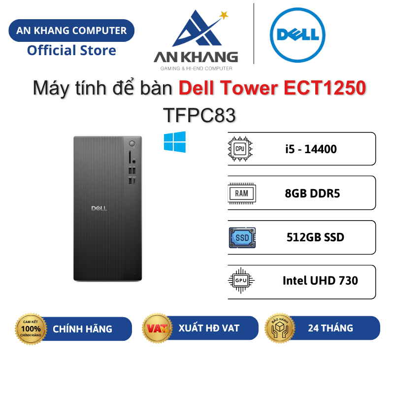 Máy tính để bàn Dell Tower ECT1250 TFPC83 (i5-14400/ 8GD5/ 512G/ W11SL/ Đen) Chính hãng BH 24 tháng
