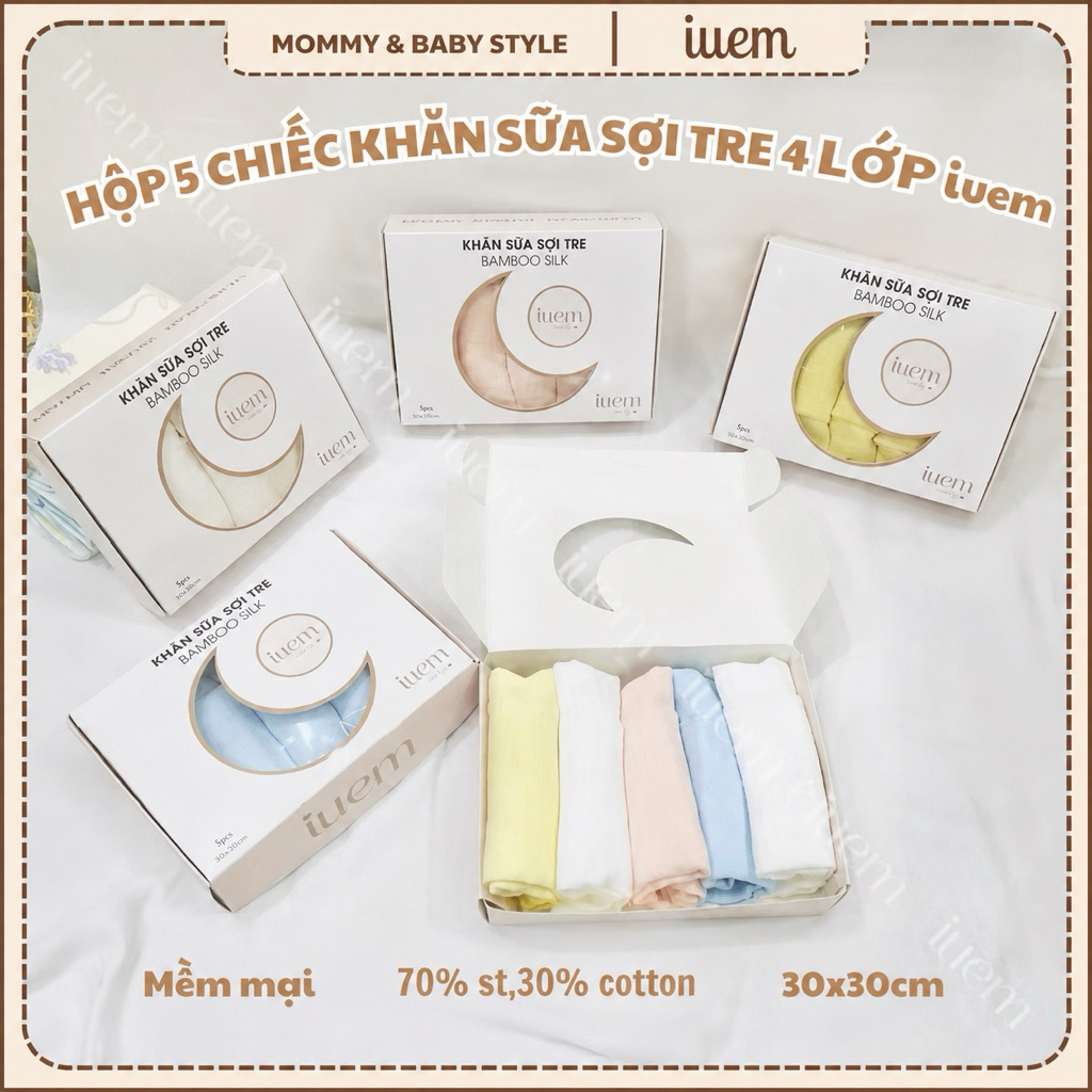 Hộp 5 Khăn Sữa Sợi Tre 4 Lớp 30x30cm Iuem – Khăn Xô Muslin Mềm Mại Thấm Hút Cho Bé Sơ Sinh