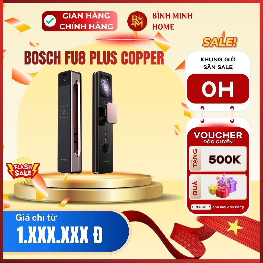 Khóa Vân Tay BOSCH FU8 PLUS COPPER Nhận Diện Face ID Cảm Biến Siêu Nhạy App WiFi Chính Hãng
