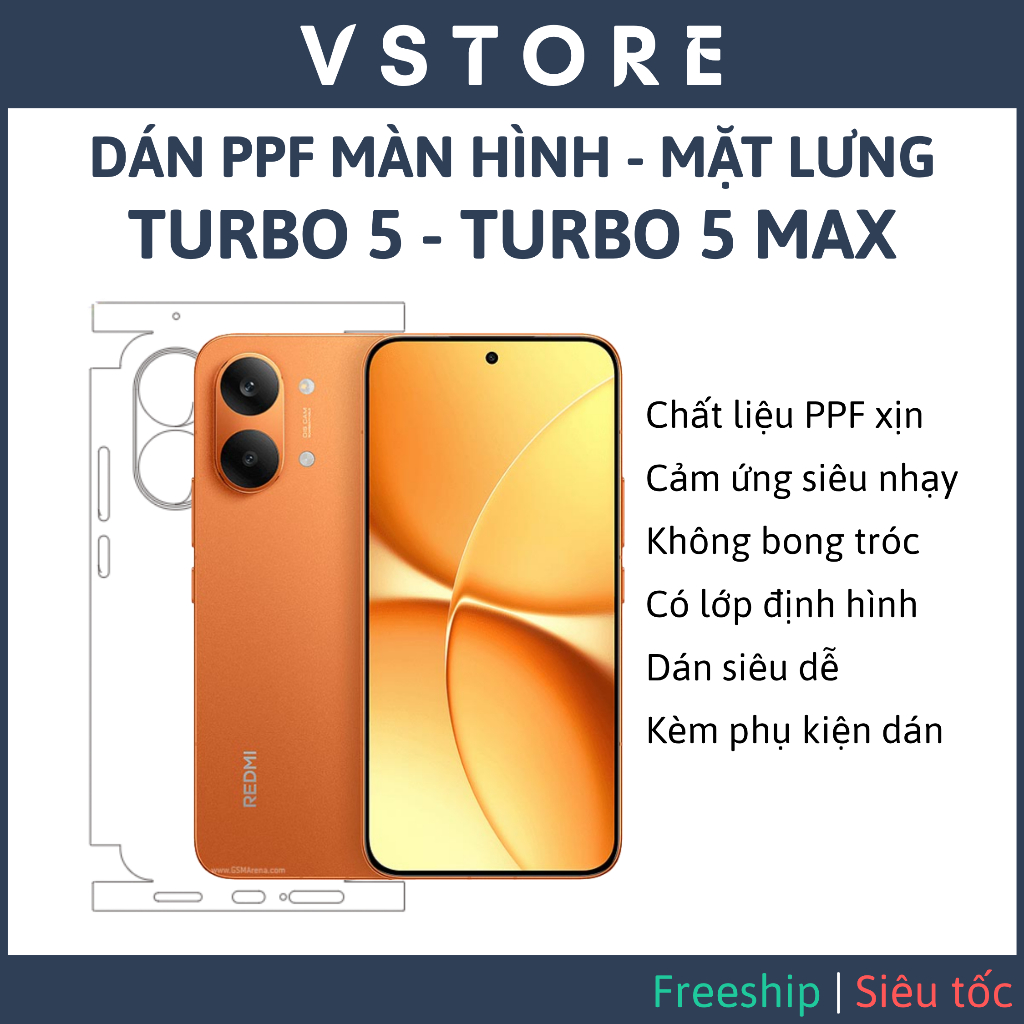 Dán PPF Redmi Turbo 5 5 Max Màn hình, Mặt lưng full viền Bóng, Nhám Cao cấp VSTORE HCM