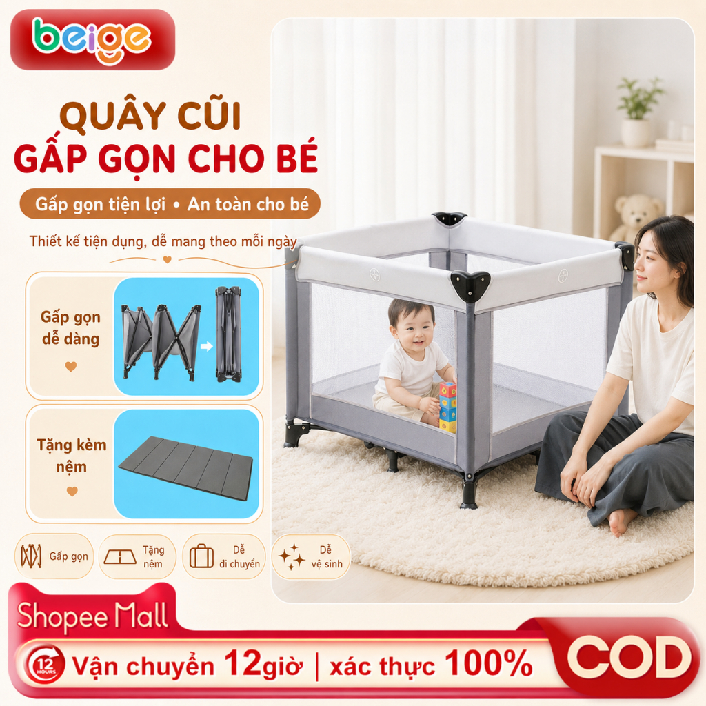 Quây Bóng Cho Bé Beige giường ngủ cho bé Có thể gập lại, đa chức năng và dễ dàng mang theo