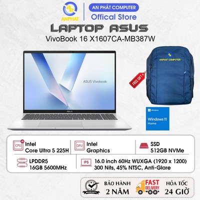 Laptop ASUS VivoBook 16 X1607CA-MB387W, Core Ultra 5 225H, 16GB RAM, 512GB SSD, 16.0 FHD+ IPS, Win11