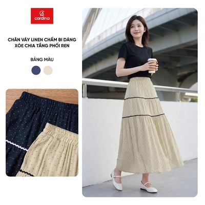 Chân váy nữ CARDINA chất liệu linen chấm bi dáng xòe chia tầng phối ren 6CVX10