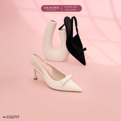 Giày cao gót Slingback nữ HÀ HUYỀN da nhung lì nơ nhí quai hậu gót nhọn 8cm - CG2717