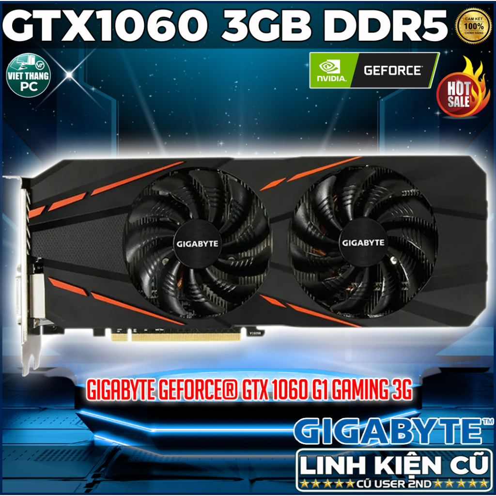 VGA - Card Màn Hình GIGABYTE GeForce® GTX1060 G1 Gaming 3GB Led RGB Back Plate Cũ đẹp ( Cũ - 2nd )