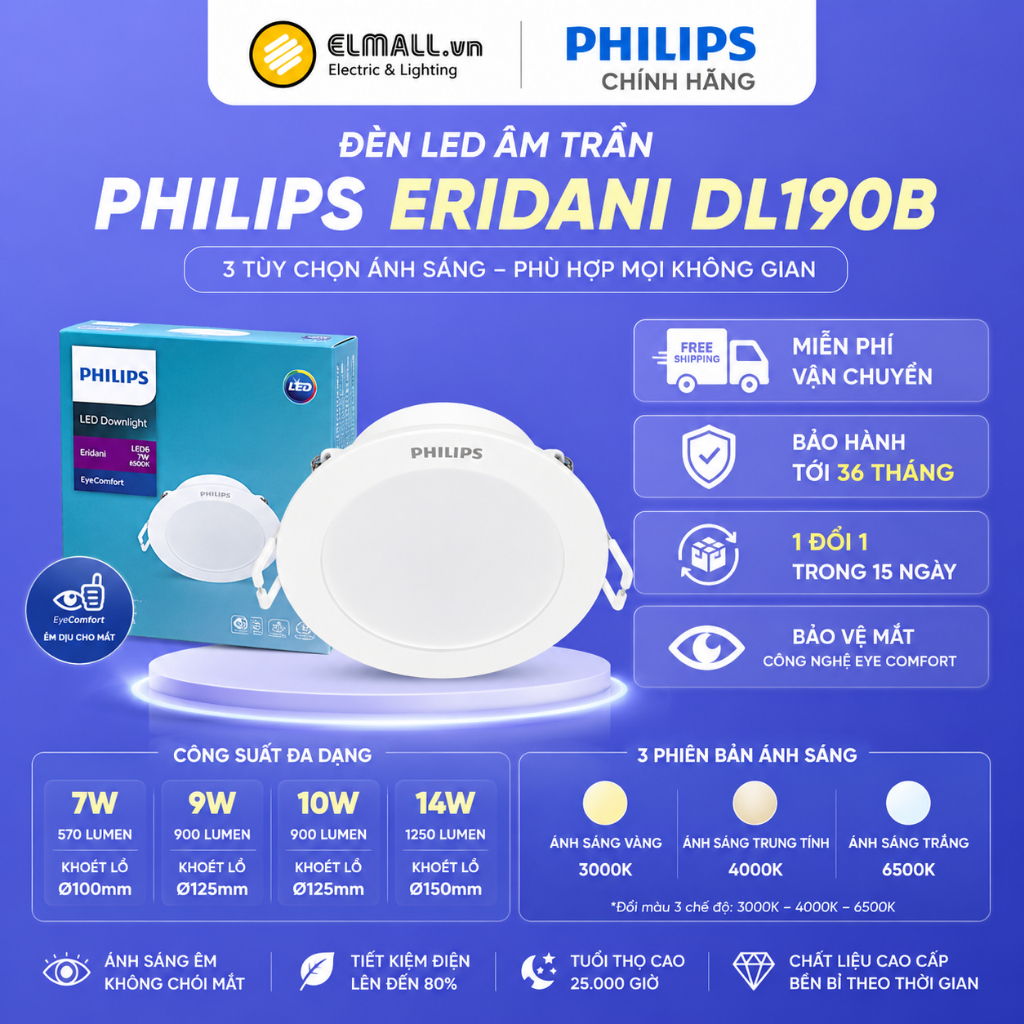 Đèn âm trần Philips ERIDANI DL190B 7W, 9W, 10W, 14W - 1 màu ánh sáng và Đổi Màu chính hãng Philips