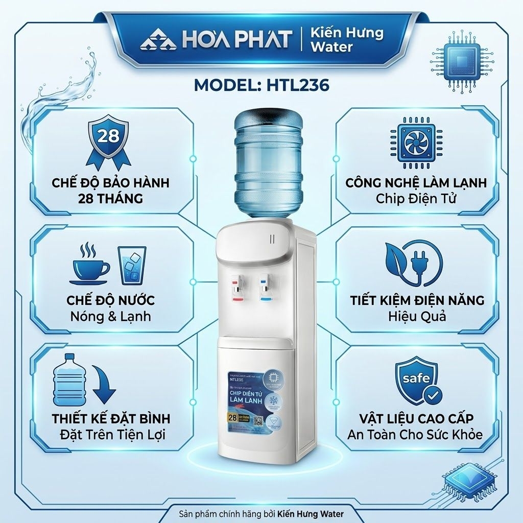 Cây nước nóng lạnh Hòa phát HTL236. 2 chế độ nóng lạnh, làm lạnh bằng chíp điện tử. Bảo hành 28 thán