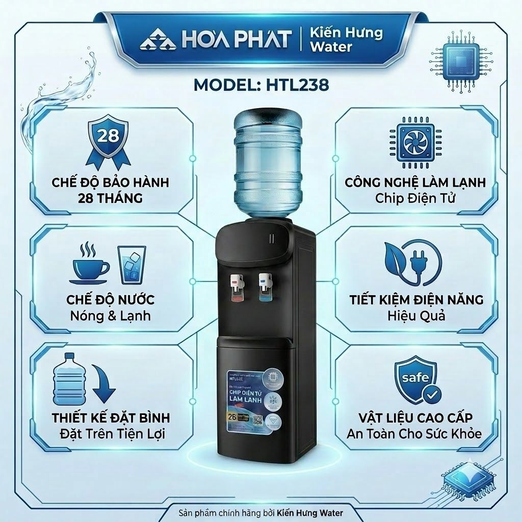 Cây nước nóng lạnh úp bình Hòa Phát HTL238, 2 chế độ nóng lạnh, làm lạnh chíp điện tử. Bảo hành 28 t