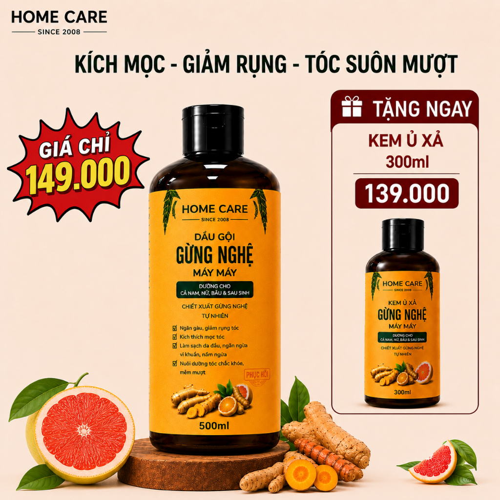 [HOT COMBO 149K] Dầu Gội Mọc Tóc, Giảm Rụng Tóc, Sạch Gàu, Dưỡng Tóc Mềm Mượt Gừng Nghệ Bưởi 500ml