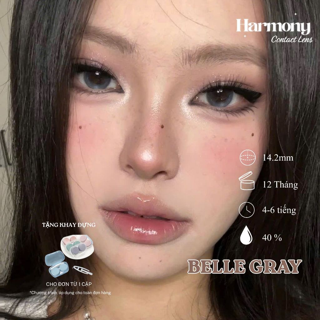 Kính áp tròng - lens xám có viền chất liệu Silicone Hydrogel HARMONY BELLE GRAY DIA 14.2mm có độ
