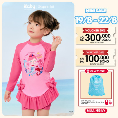 [Tặng Túi Bơi] Đồ bơi bé gái liền thân ILABY váy bơi chống nắng UPF 50+, co giãn 4 chiều, khóa kéo lưng [4026]